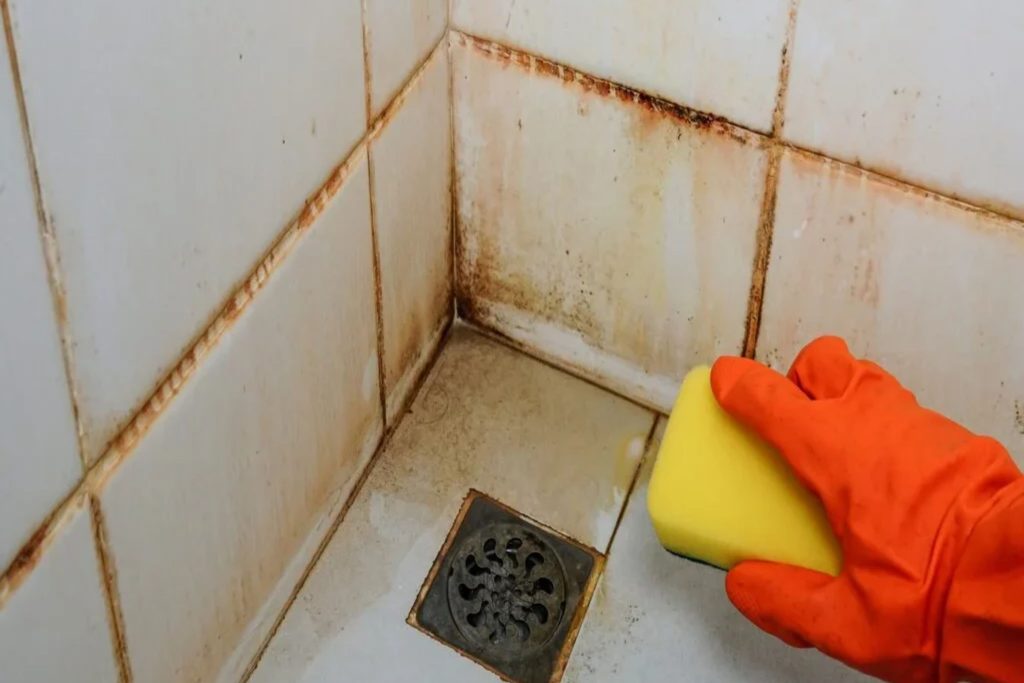 A person wearing an orange glove is cleaning a shower drain, highlighting a mold removal service in a San Francisco bathroom.