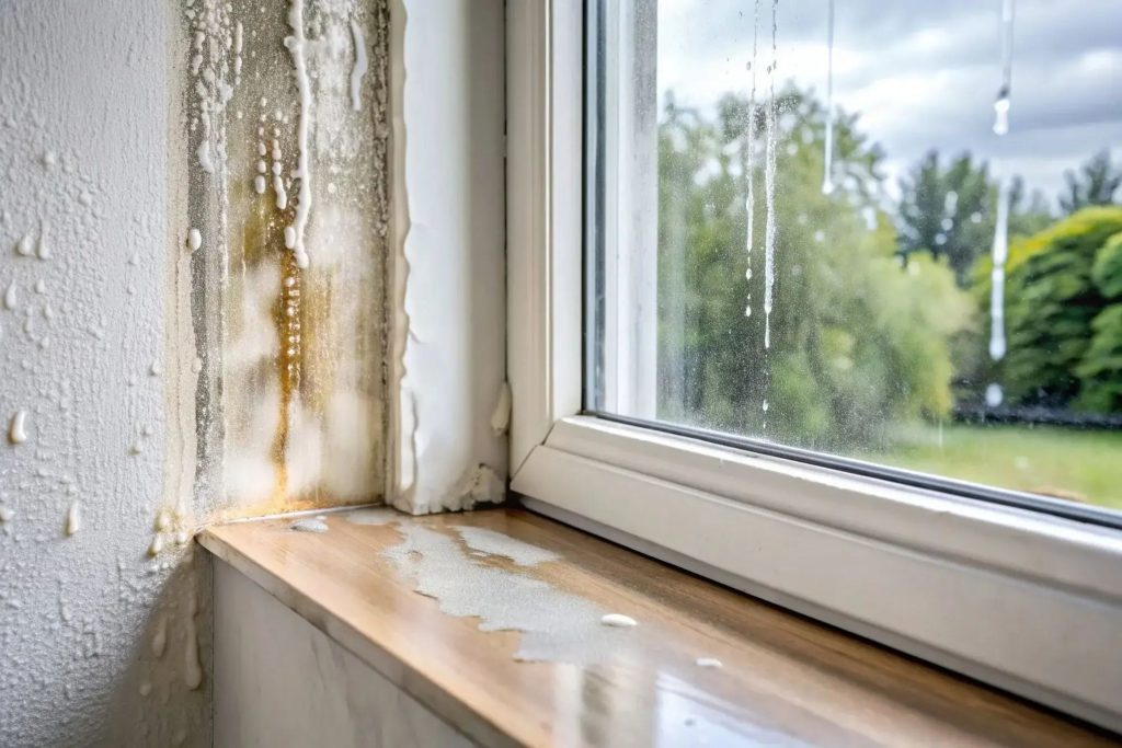 Water is dripping from a window sill, illustrating water damage issues in a San Francisco home.