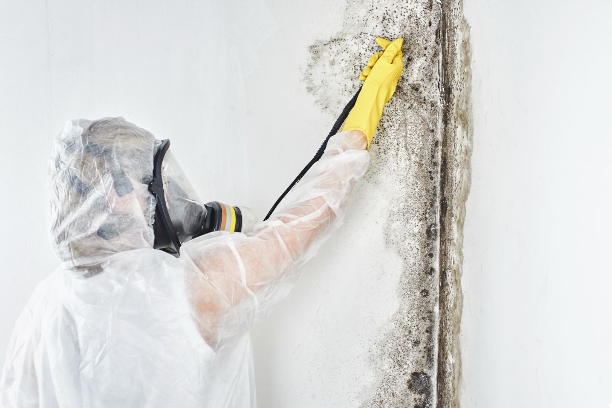 A person in protective gear scrubs mold from a wall corner, wearing gloves and a respirator for safety.