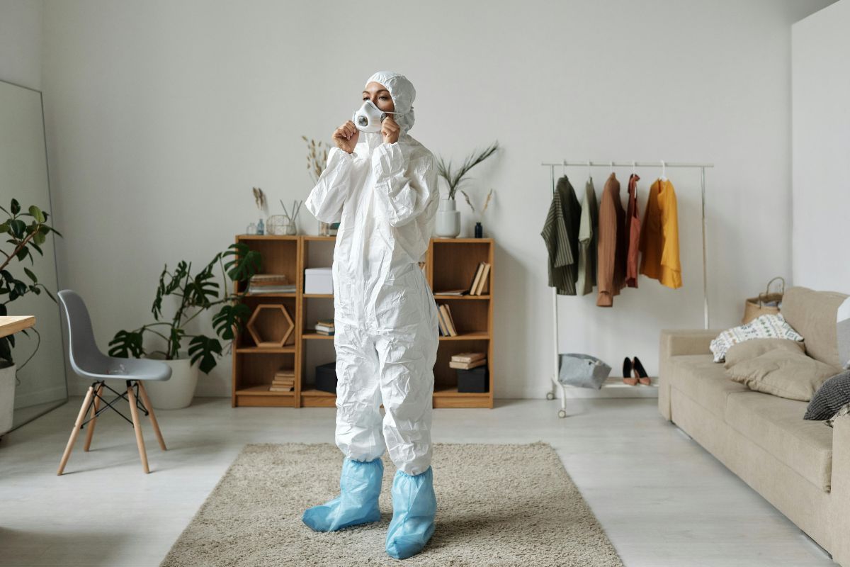  A woman in a protective suit and blue boots stands in a living room, ready for safety and cleanliness.